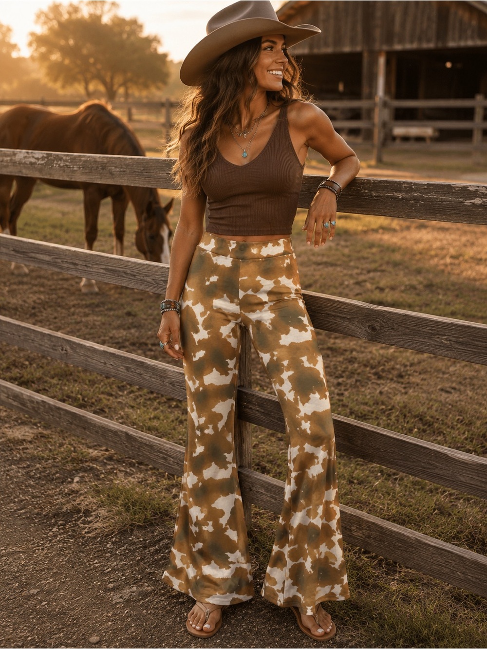 Lucky & Blessed Brown and Cream Cowhide Print Flared Pants